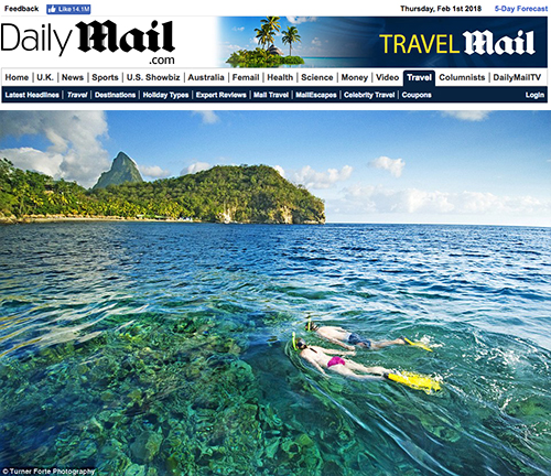 DailyMail.com UK website posts picture from St. Lucia of Snorkelers we took on assignment for Jade Mountain