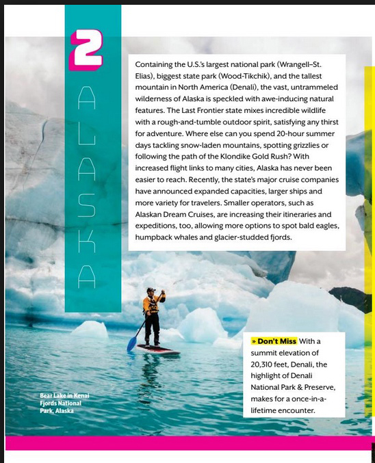 Lonely Planet Winter 2017 issue visits Alaska and Features our image of Chris on a paddle board.